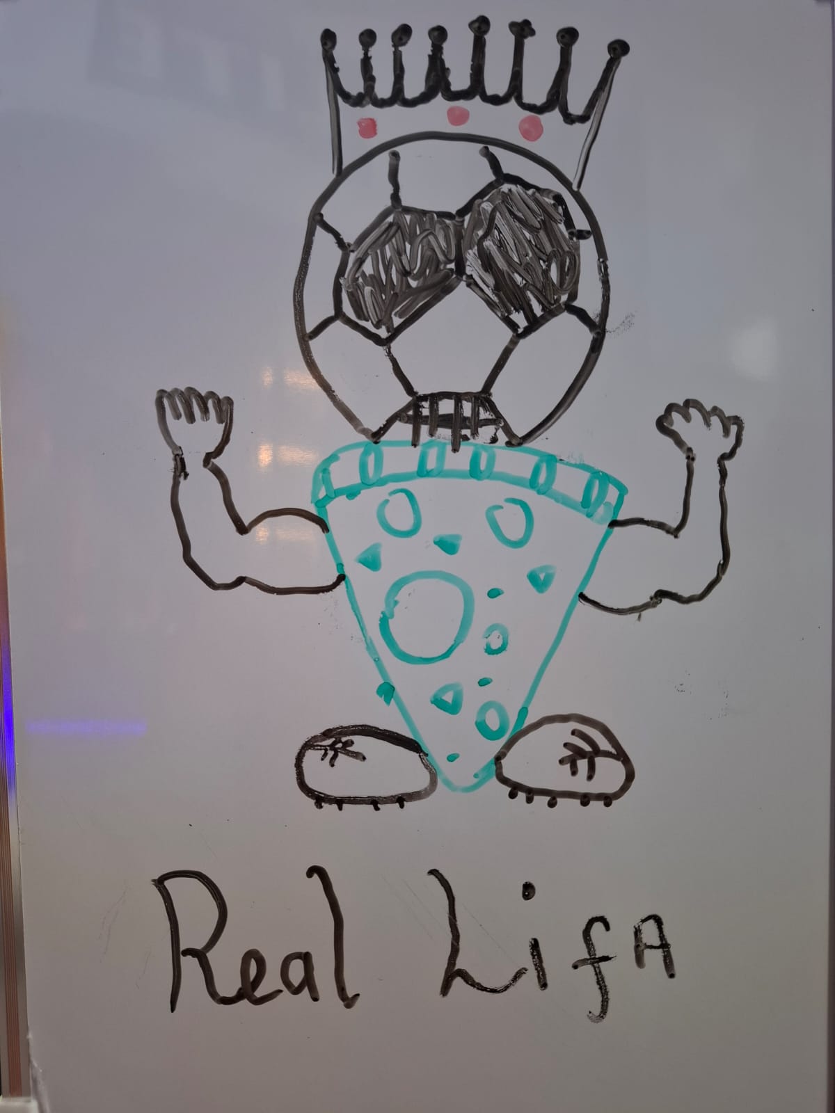 Child's marker drawing of a crowned soccer-ball-headed mascot with a pizza-slice body