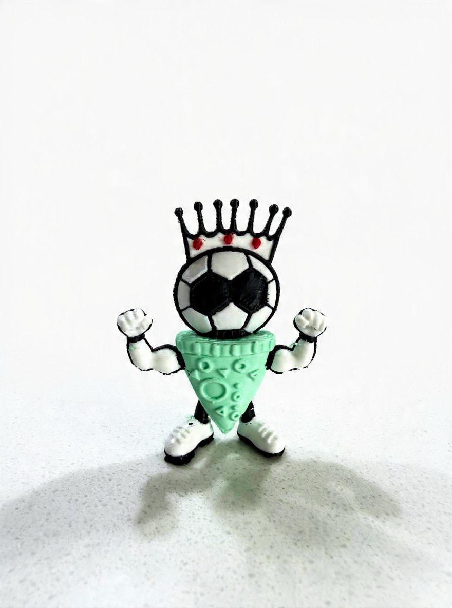 Painted 3D-printed figurine of a crowned soccer-ball-headed mascot with a pizza-slice body